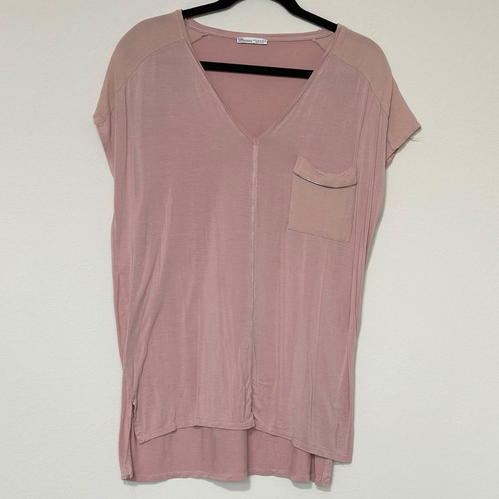 ZARA‎ Pink Mauve Basic Collection V Neck Short Sleeve Tunic Pocket T Shirt Top M